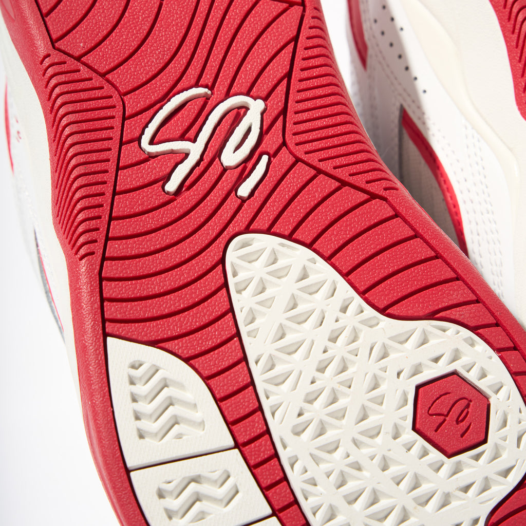 éS TJ Rogers Pro Model Shoe White and Red Sole Close Ups
