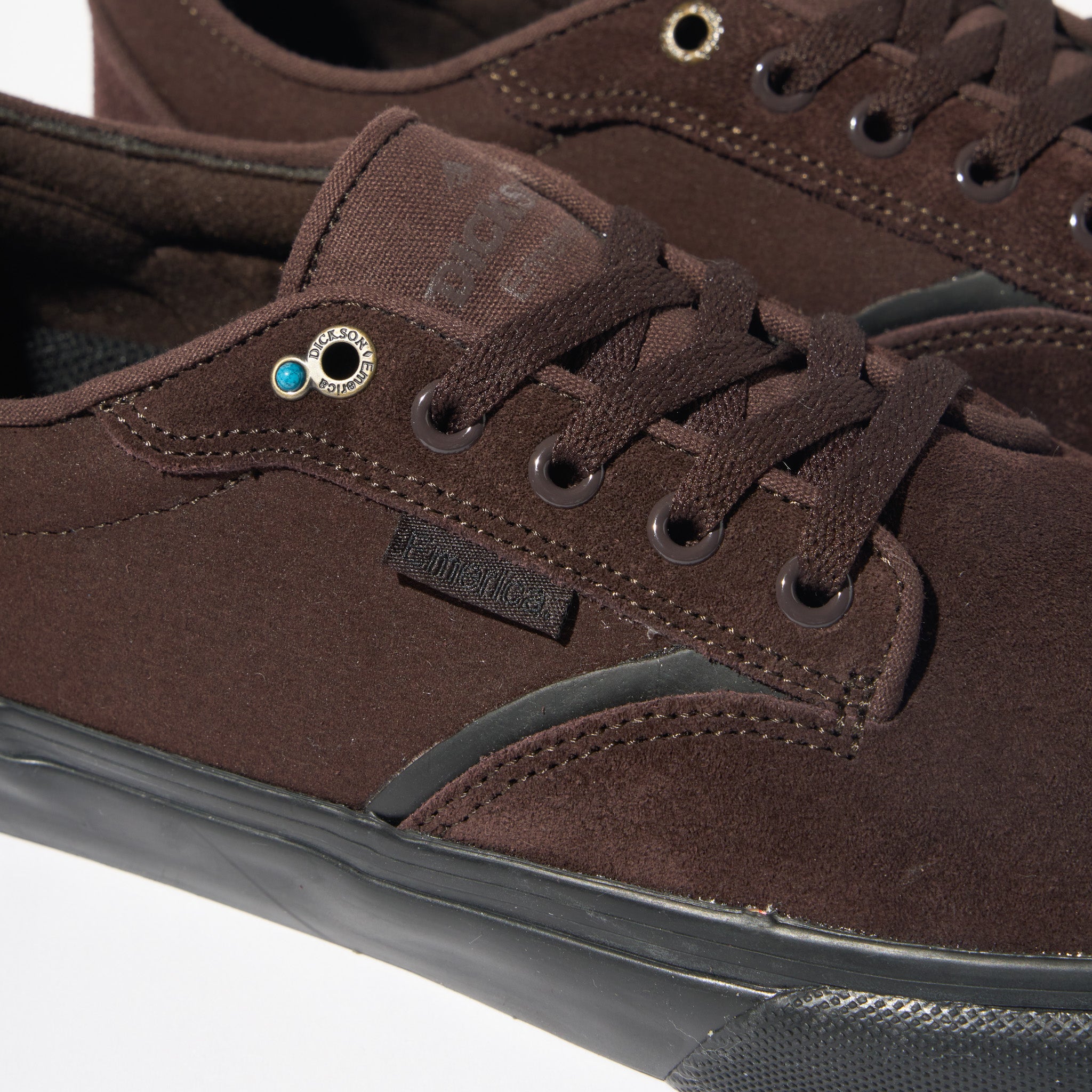 Emerica Dickson Pro Model Shoes Brown and Black Close up