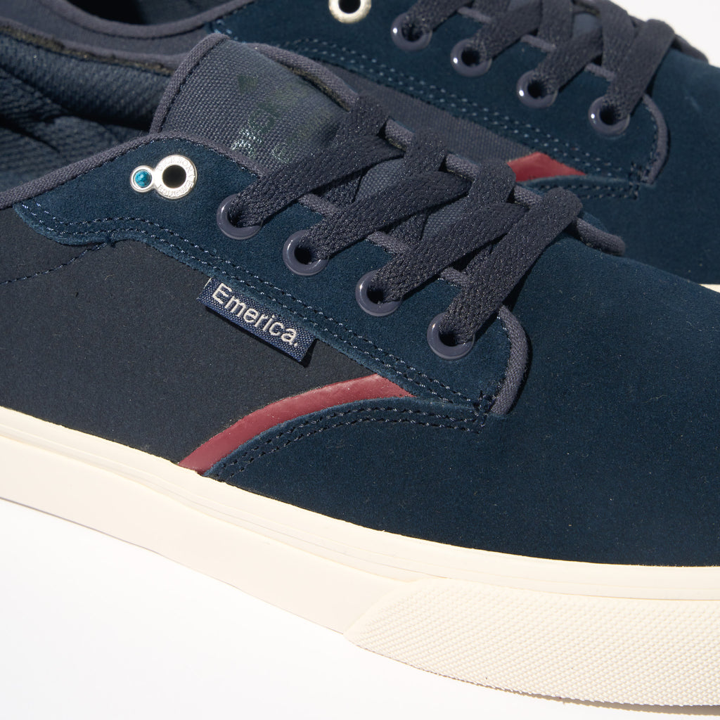 Emerica Dickson Pro Model Shoes Navy Blue Suede and red Maroon Close Up