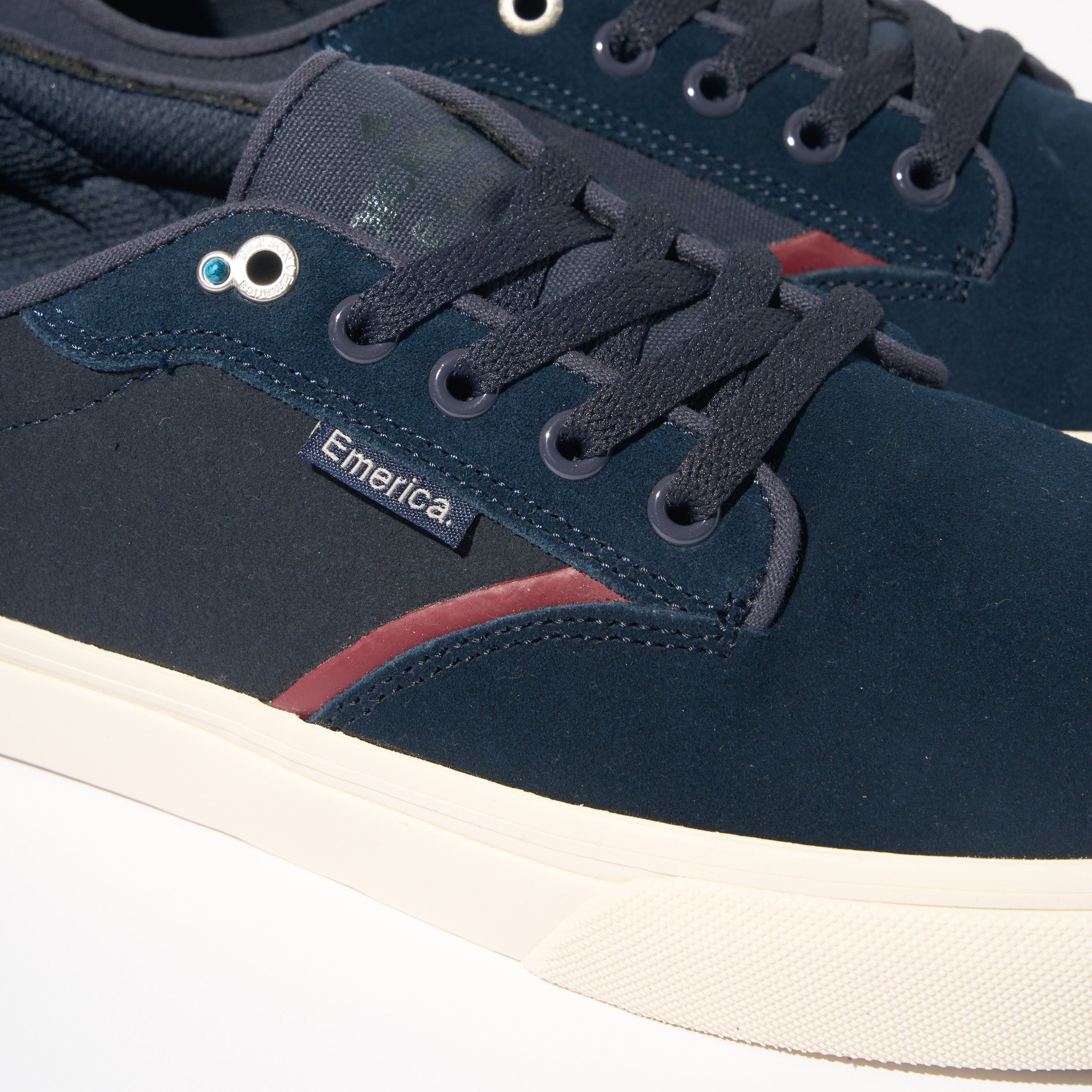 Emerica Dickson Pro Model Shoes Navy Blue Suede and red Maroon Close Up