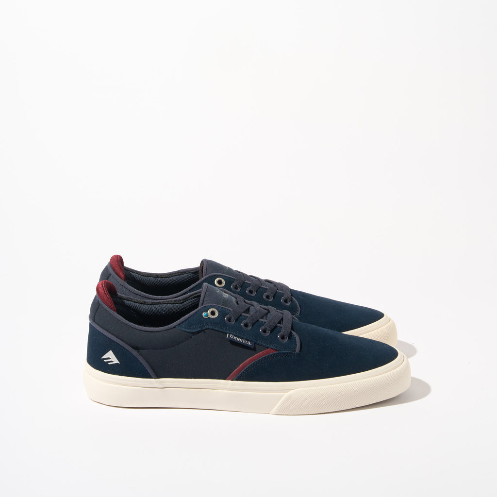 Emerica Dickson Pro Model Shoes Navy Blue Suede and red Maroon Profile